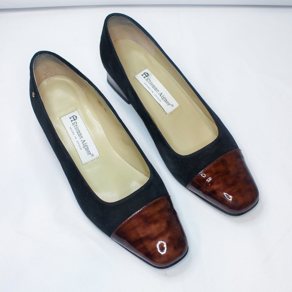 Vintage Etienne Aigner Black Suede Brown Tortoise Shell Block Heel 90s 8.5 Pumps - Picture 2 of 14